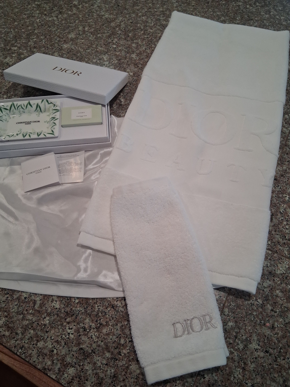 Dior VIP/GWP White Porcelain soap dish W/Soap & Luxury Bath Towel Set